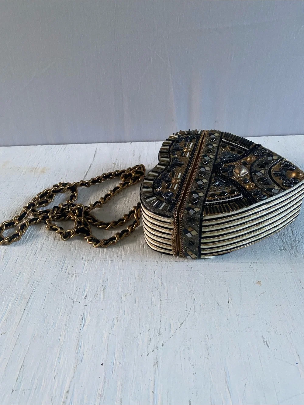 Black & Gold Embellished Heart Crossbody Purse